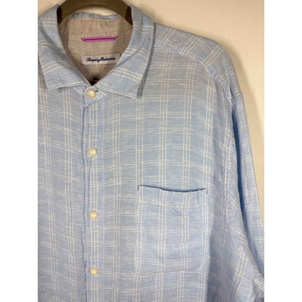 Tommy Bahama Mens 100% Linen Button Down XL Blue Plaid Coastal Beachy Shirt